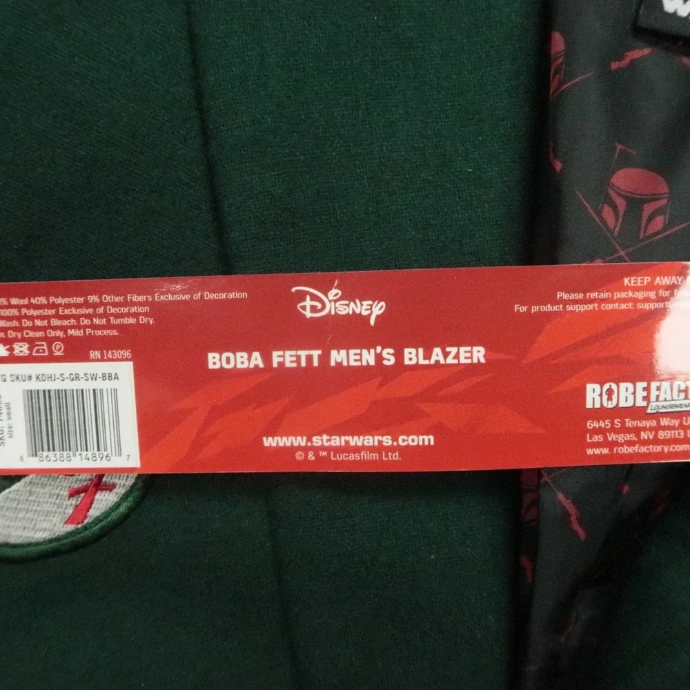 Star Wars Jacket Mens Small Green Boba Fett Blazer Wool Blend Lined NWT‎